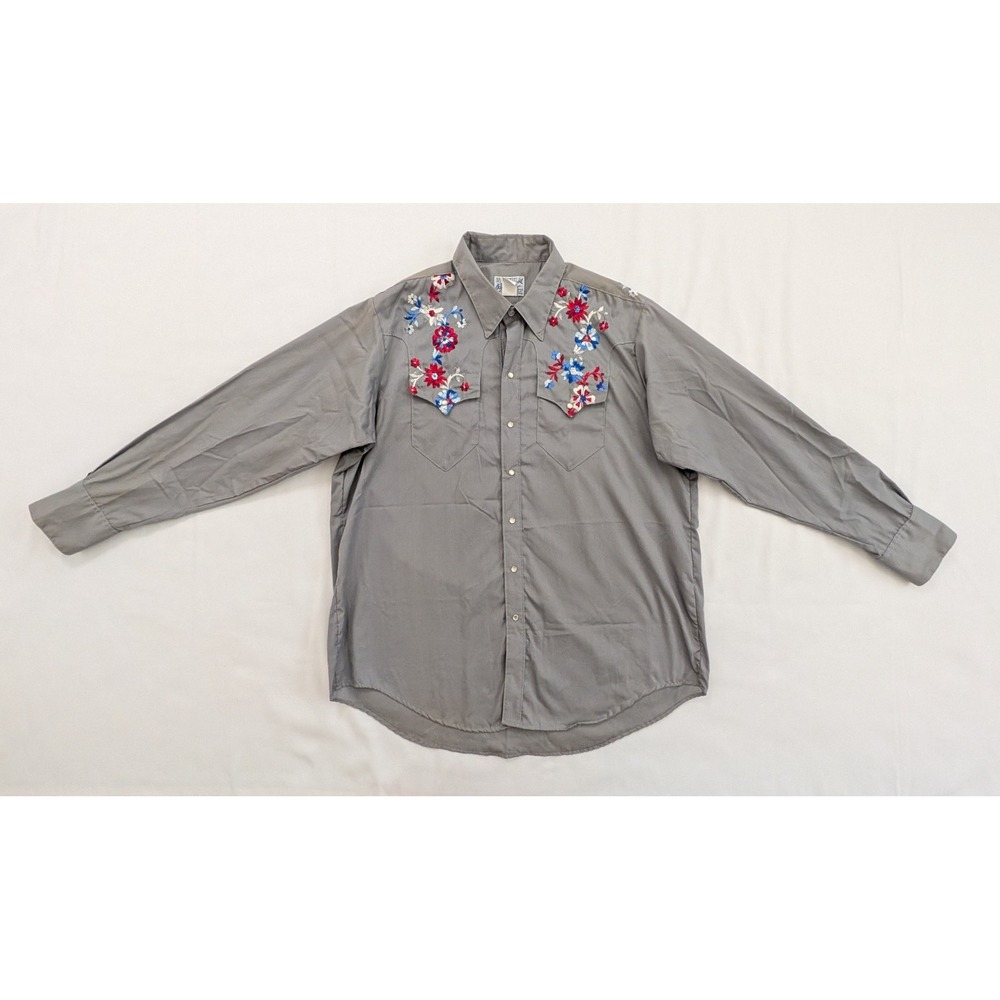 Vintage Rockmount Ranch Wear Pearl Snap Embroidered Patriotic Shirt Gray Men's L